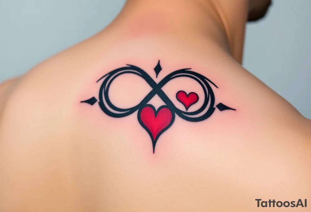 A bold tribal-style infinity symbol with sharp geometric patterns and heart, in black ink with subtle red accents tattoo idea