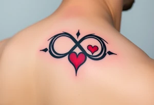 A bold tribal-style infinity symbol with sharp geometric patterns and heart, in black ink with subtle red accents tattoo idea