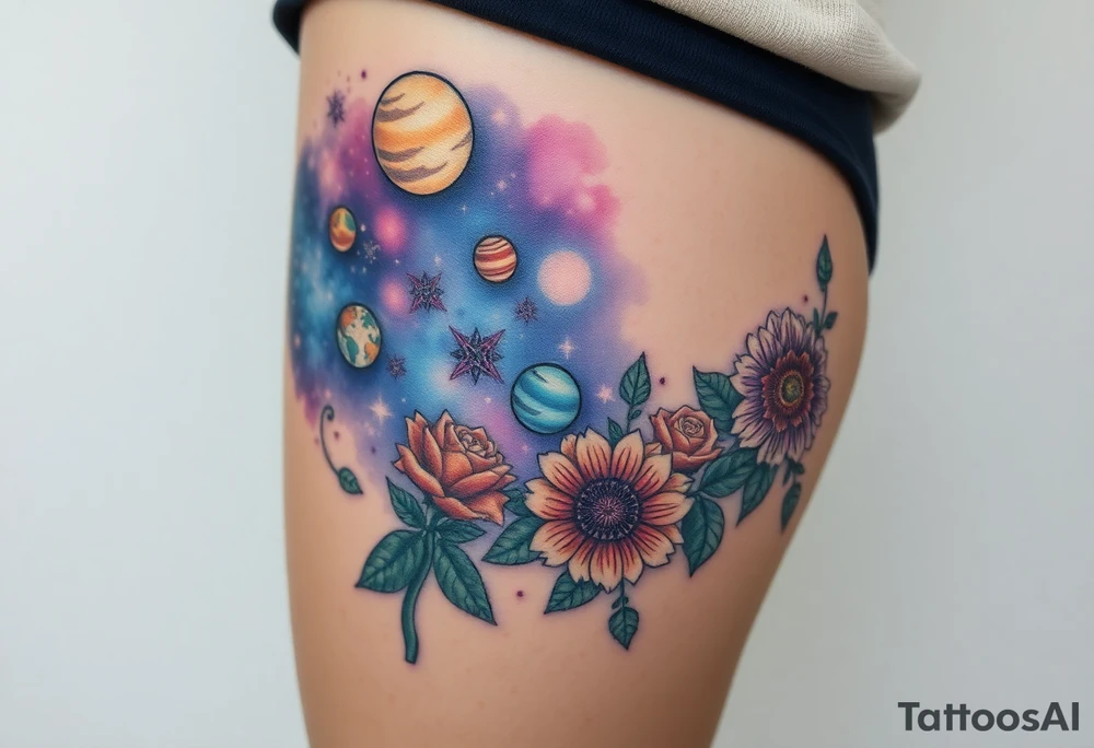 Milky way galaxy with planets with zodiac symbols and protection runes in it with tigerlillies roses and sunflowers tattoo idea