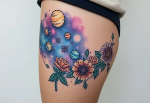 Milky way galaxy with planets with zodiac symbols and protection runes in it with tigerlillies roses and sunflowers tattoo idea