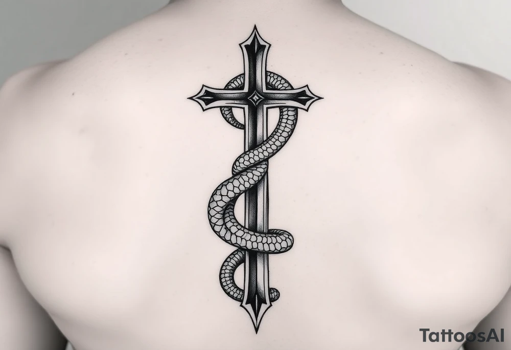 black and white drawing of a cross and a snake wrapped around it, leviathan cross, engulfed by a snake, which forms an infinity loop. The snake is depicted with intricate scales and a menacing expression, coiling tightly around the vertical shaft of the cross. The overall composition is bold and simplistic tattoo idea