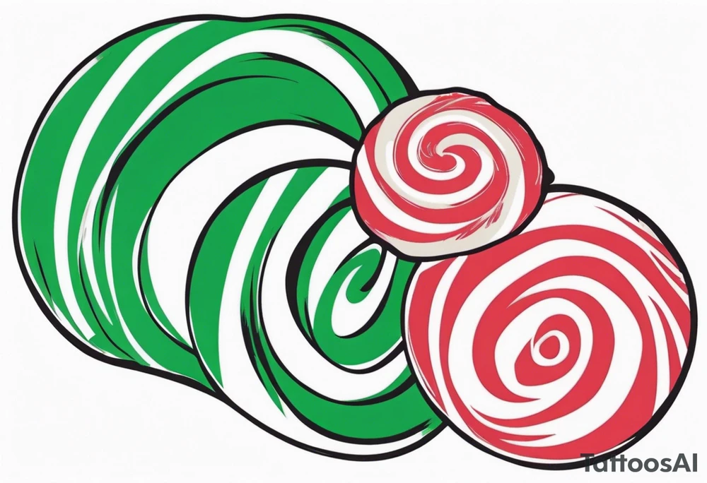 a small round candy in a twist wrapper. green and white swirl tattoo idea