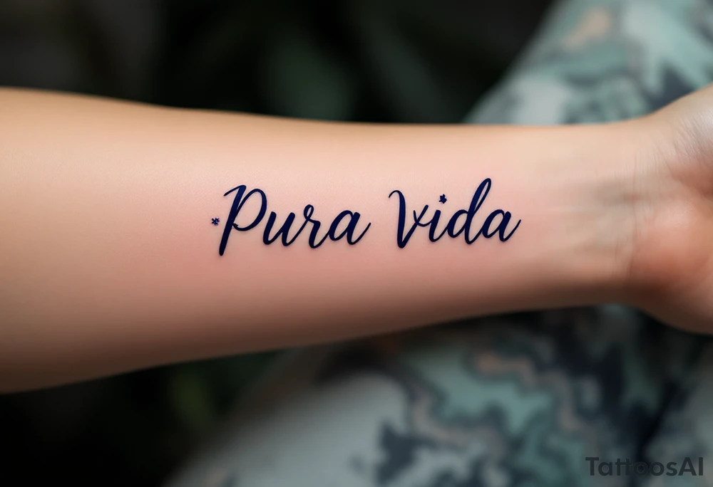 Simple cursive “Pura Vida” inked in navy blue with a small lavender sprig underlining the text. tattoo idea