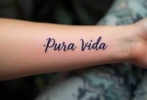 Simple cursive “Pura Vida” inked in navy blue with a small lavender sprig underlining the text. tattoo idea