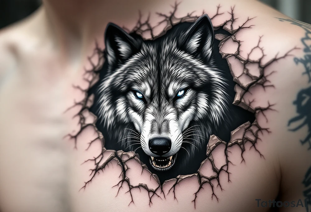 A fierce wolf emerging from a cracked surface, its fur detailed in black and silver, with glowing ice-blue eyes. tattoo idea