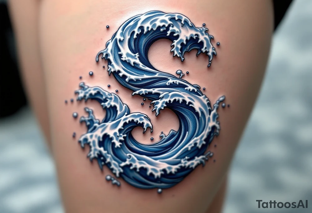 A navy blue "S" formed from ocean waves with white foam accents. tattoo idea