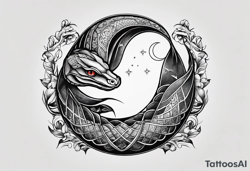 A snake wrapped around a crescent moon, which is connected to the sun which has a cardinal in it tattoo idea