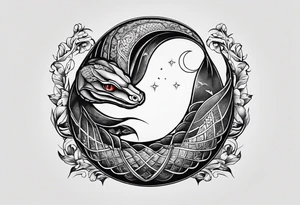 A snake wrapped around a crescent moon, which is connected to the sun which has a cardinal in it tattoo idea