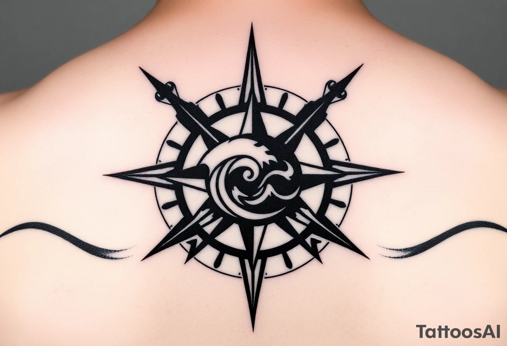 A sharp edged rip curl wave inside of a compass rose tattoo idea