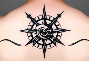 A sharp edged rip curl wave inside of a compass rose tattoo idea