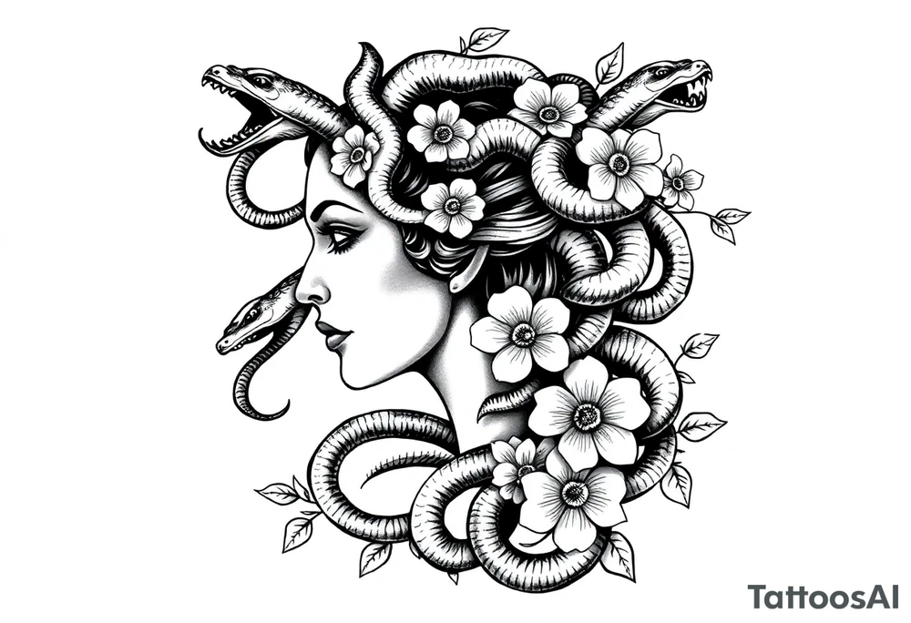Side portrait of Medusa with snake heads, flowers tattoo idea
