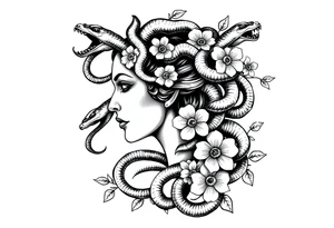 Side portrait of Medusa with snake heads, flowers tattoo idea