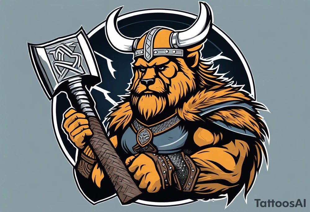 Create an image of a powerful Viking warrior. The Viking is wearing a bear's head as a helmet, with the bear's fur draped over his shoulders. In his right hand, he is holding Thor's hammer (Mjölnir), which is surrounded by subtle lightning bolts. On the hammer, include a faint outline of the HSV (Hamburg football club) diamond emblem, subtly integrated into the design. The overall style should be bold and epic, capturing the strength and mythic qualities of the Viking and the symbols. tattoo idea