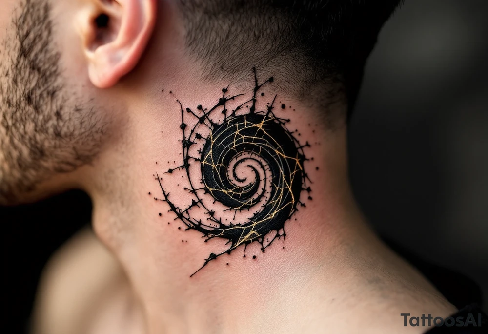 A black ink spiral encased in fractured golden glass lines, suggesting beauty through chaos. tattoo idea