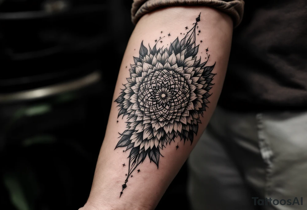 intricate mandala with sacred geometry and sunflowers tattoo idea