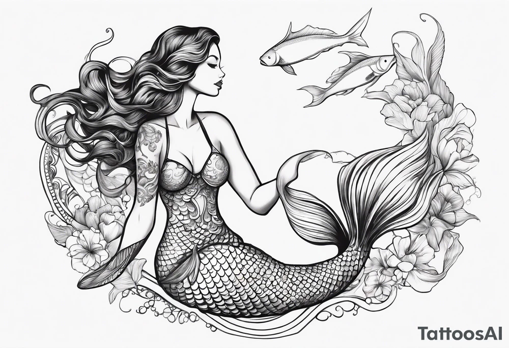 Draw a mermaid body with nice long fish tail with a shell bra tattoo idea