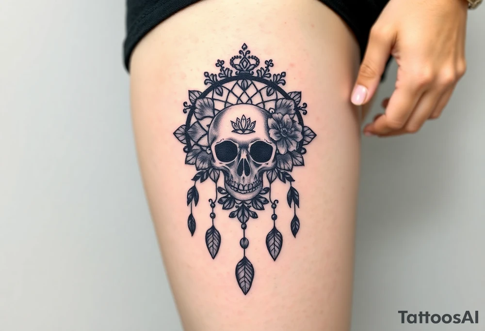 Mandala dream catcher lace with delicate skull and flowers wearing elegant crown tattoo idea