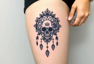 Mandala dream catcher lace with delicate skull and flowers wearing elegant crown tattoo idea