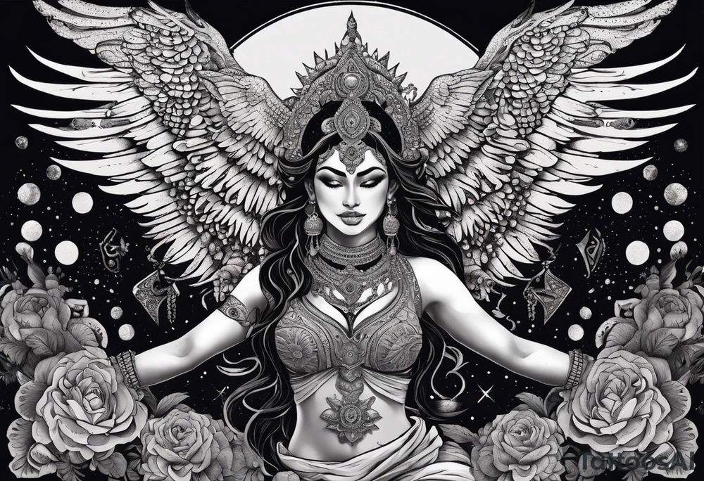 black kali, goddess pirate, alien, angel, pachamama, valkrye, warrior, flying, skull, lotus azul, wing, eagle, zenza resonance, stars, 5D, anahata chakra, death, durga, riding on a tiger, flying lady, kundalini, chest tatoo, samuri, rebel,serpent tattoo idea