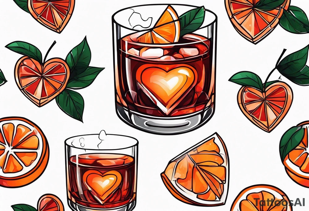 Simple negroni with orange and ice cubes shaped like heart tattoo idea