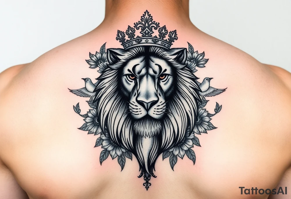 powerful majestic lion with a crown, surrounded by floral ornaments and birds tattoo idea