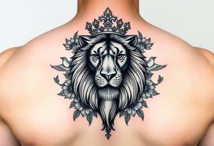 powerful majestic lion with a crown, surrounded by floral ornaments and birds tattoo idea