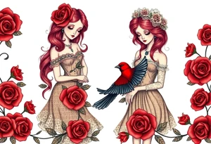 Vintage dollies, red roses, lace, red bird, vintage, wrap around, tighter together, no space open tattoo idea