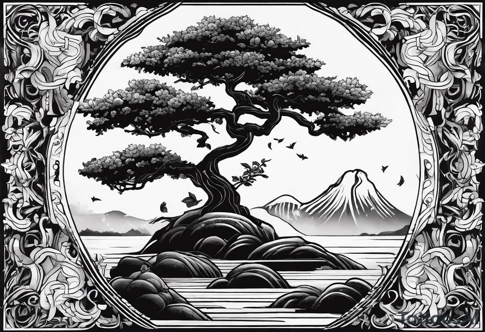 Elements: the north needle in the center, outside the north needle are several branches and leaves of the eggplant tree, and the outermost edge is a long wavy line tattoo idea