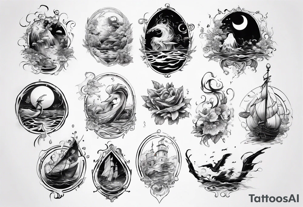 Water theme, romanic, music style tattoo idea