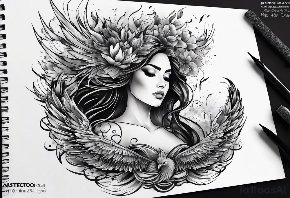 Like a phoenix rising from ashes, a woman who's has been through pain and now finding her strength tattoo idea