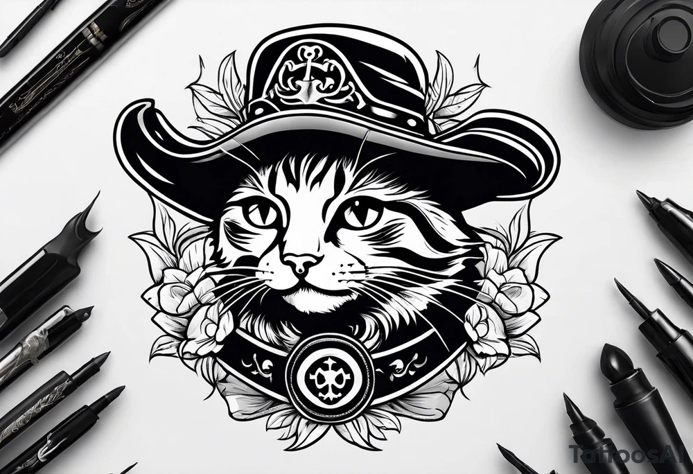 Happy cat in pirat hat tattoo idea
