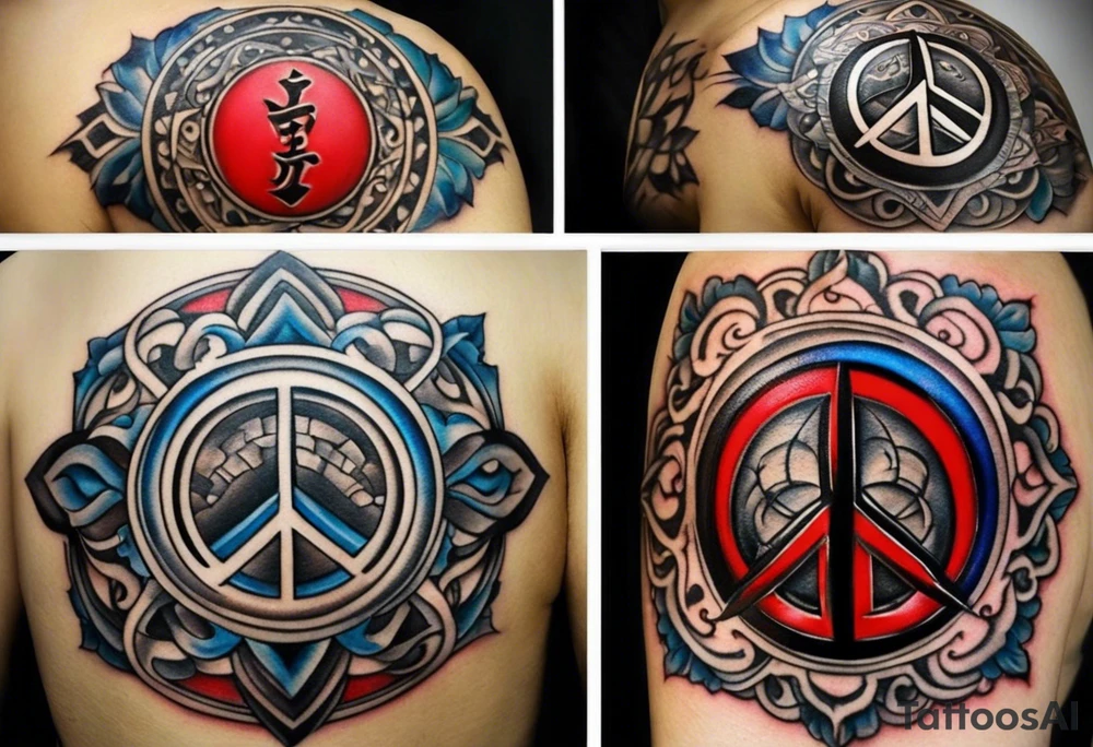 a tattoo whose main theme is balance but also resembles new begining, strong willpower, peace and loyalty. This should be for the front part of the shoulder. maybe add the ying-yang symbol somewhere in the tattoo. Tattoo should have an equal amount of blue and red along with the overall tattoo being black tattoo idea