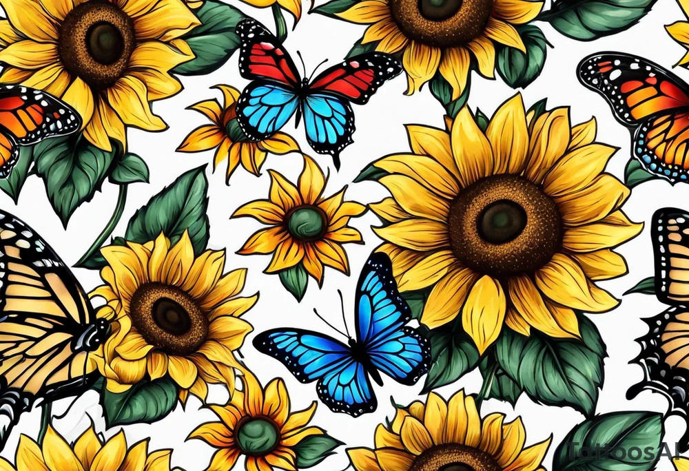Arm sleeve with sunflowers and butterflies tattoo idea