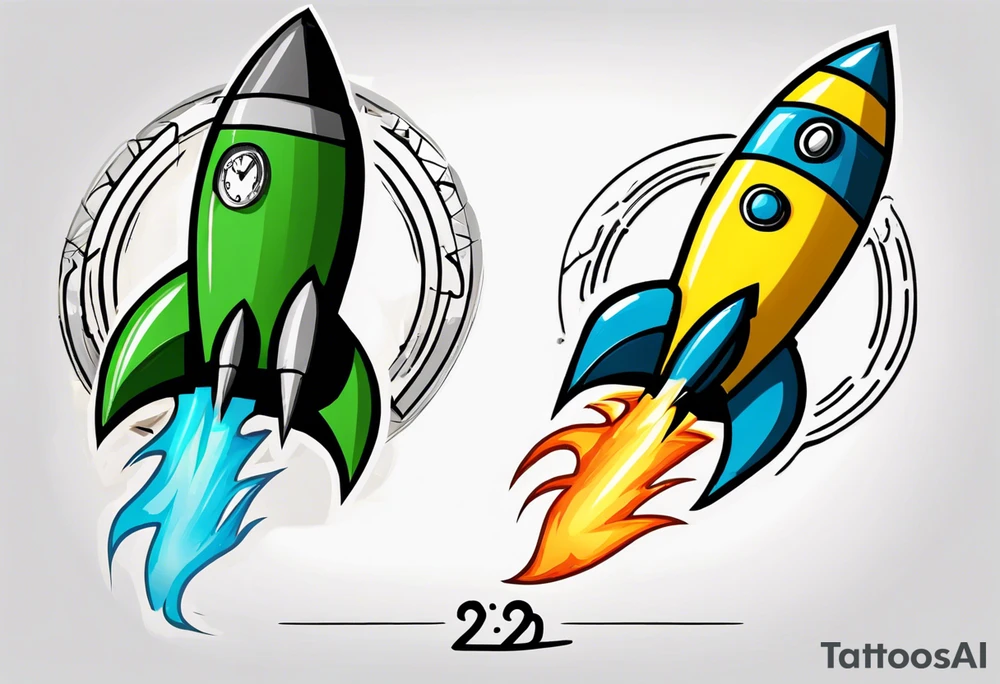 Simple cartoon rocket in green, gray, yellow, blue

Fire coming out the rocket

Black ring around the rocket with "26.2" written at the 10 o'clock position tattoo idea