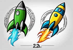 Simple cartoon rocket in green, gray, yellow, blue

Fire coming out the rocket

Black ring around the rocket with "26.2" written at the 10 o'clock position tattoo idea