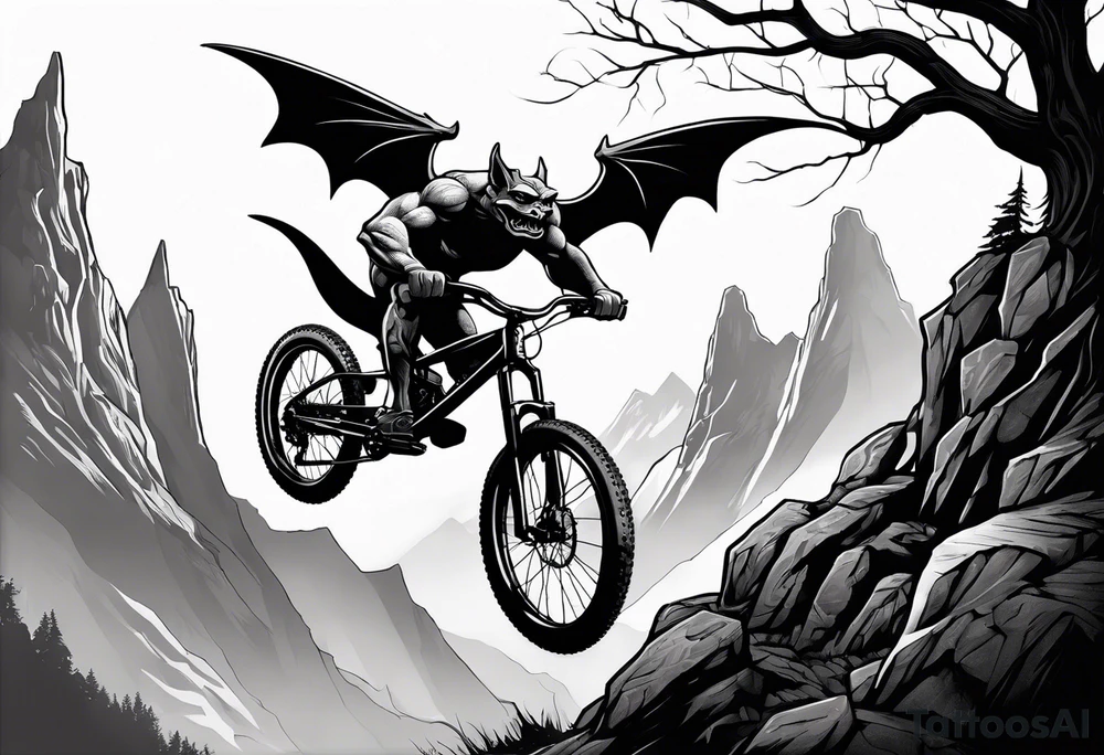 gargoyle riding a full suspension mountain bike with a shadow no background tattoo idea