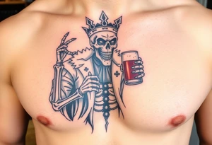 evil skeleton king in clothes having a good time getting drunk tattoo idea