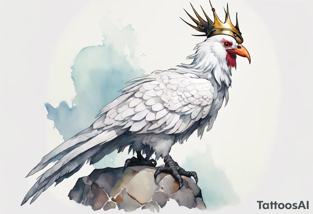 a white Cockatrice wearing a plain iron crown, perched on a stone tattoo idea