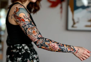 Full arm sleeve, Koi fish, tiger, the sun, cherry blossom filler tattoo idea