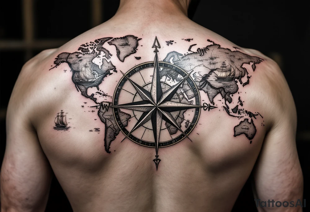 antique compass rose overlaid on weathered world map with sailing ships tattoo idea