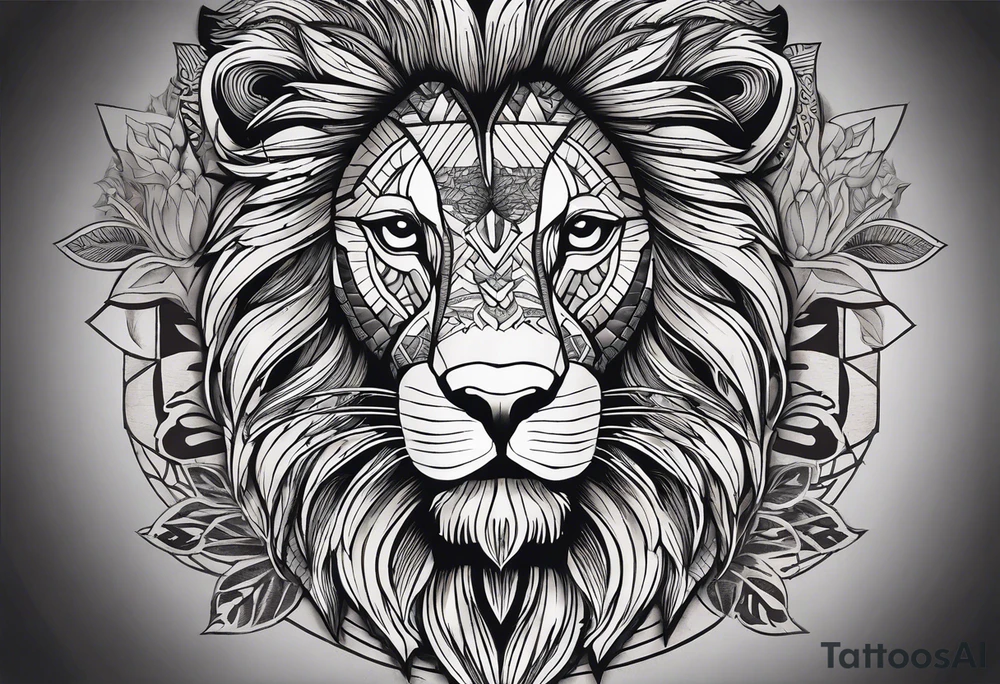 A full tattoo sleeve designed with a strong, masculine aesthetic, featuring a powerful lion as the centerpiece. The lion, symbolizing strength, courage, and leadership, is depicted with intricate detail and dynamic shading, capturing its fierce expression and majestic mane. Surrounding the lion, incorporate geometric patterns that add structure and contrast to the design. These patterns are bold and angular, creating a sense of order and symmetry that complements the natural form of the lion. The geometric elements are woven around the lion, emphasizing its central position while providing a modern, edgy backdrop. The shading throughout the sleeve is deep and dramatic, enhancing the contrast between the organic features of the lion and the precise lines of the geometric patterns. The overall design is bold, intense, and visually striking, combining the raw power of the lion with the clean, ordered aesthetic of geometric patterns for a cohesive and masculine tattoo sleeve. tattoo idea