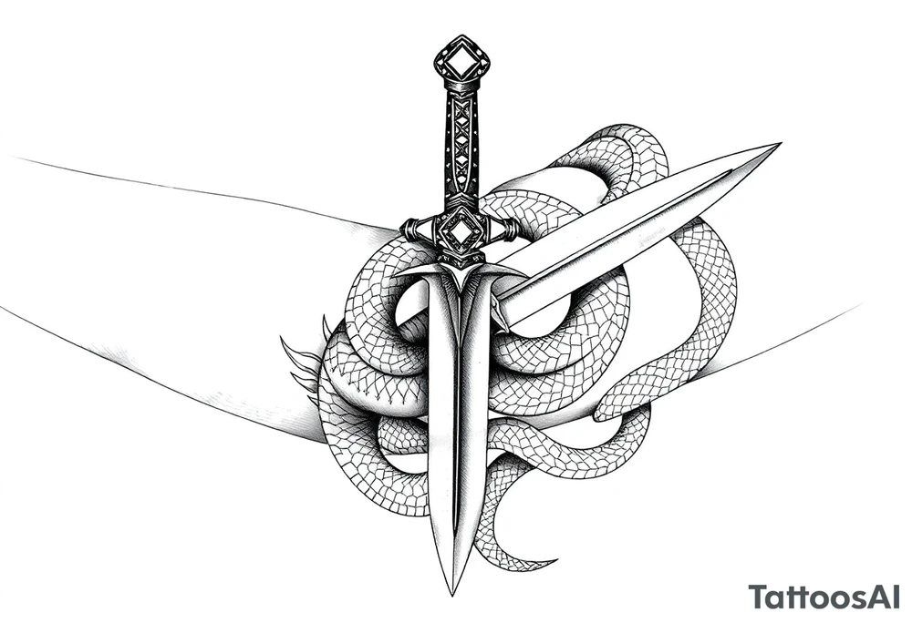 mystical snake coiled around an ancient dagger with jeweled hilt tattoo idea