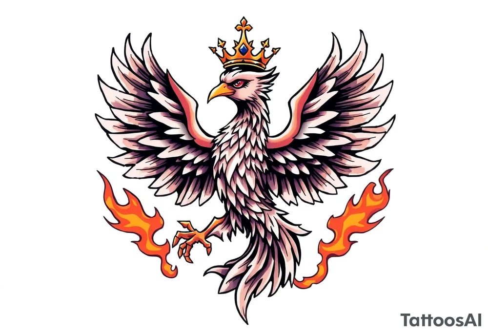 powerful majestic Phoenix with crown, surrounded by flames tattoo idea