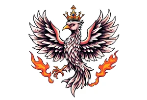 powerful majestic Phoenix with crown, surrounded by flames tattoo idea