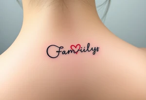 Rainbow Color infinity symbol and the word "family" engraved inside with hearts and kisses tattoo idea