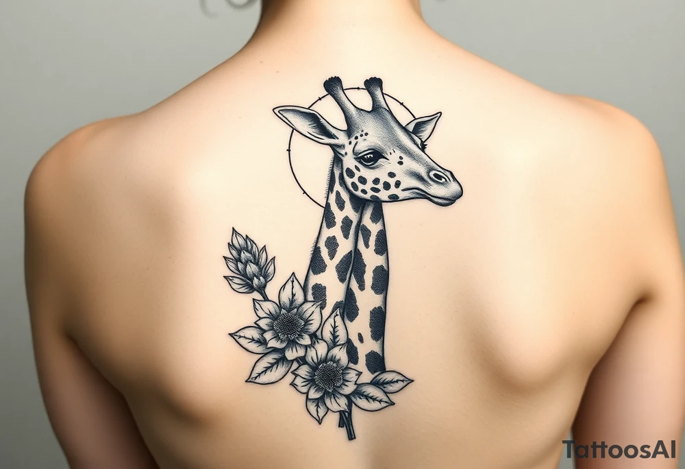 Giraffe with crepe myrtle with sun and moon tattoo idea