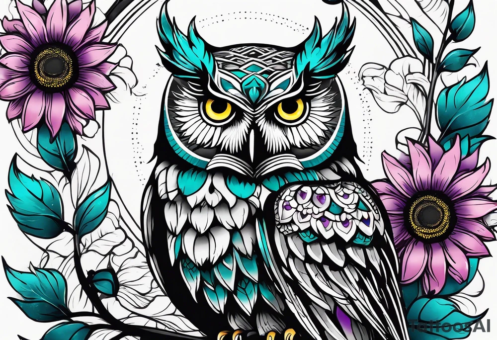 Black and white owl shaded teal, pink and purple surrounded by yellow sunflowers sleeve tattoo idea