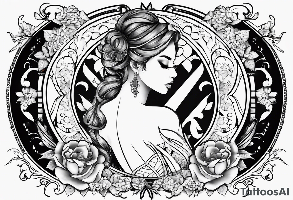 FℲ lettering with women’s body outline tattoo idea