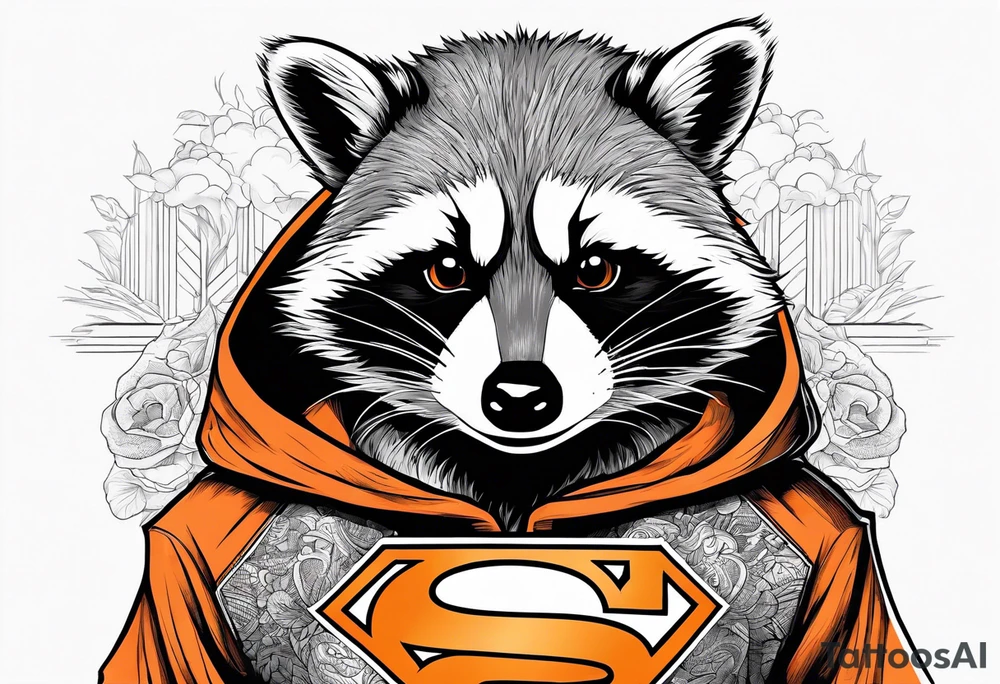 Raccoon wearing an orange Superman hoodie tattoo idea