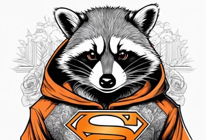 Raccoon wearing an orange Superman hoodie tattoo idea